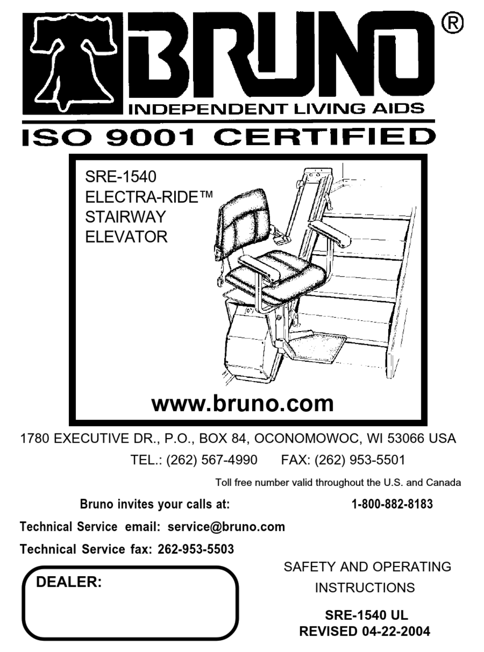 BRUNO ELECTRARIDE SRE1540 SAFETY AND OPERATING INSTRUCTIONS MANUAL