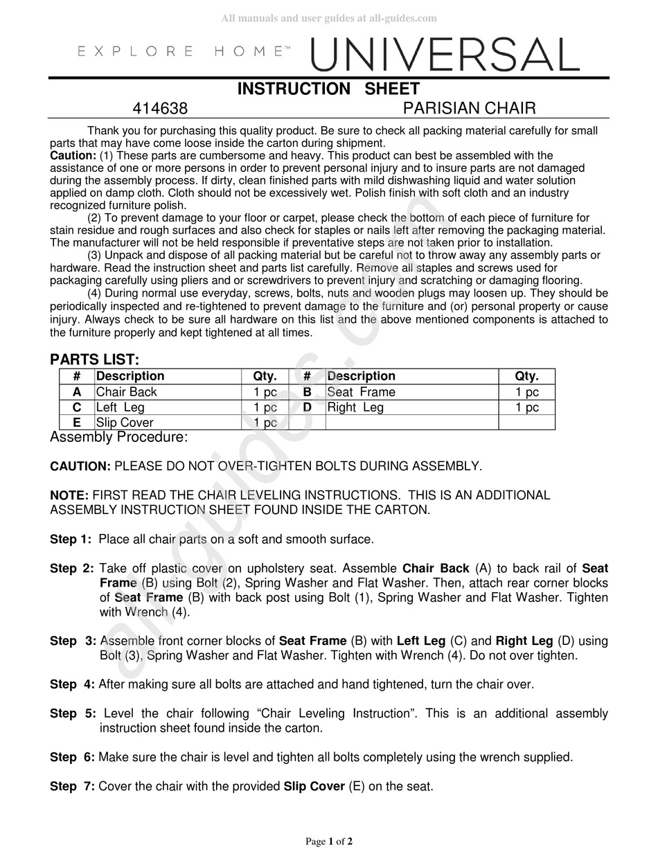 UNIVERSAL FURNITURE EXPLORE HOME 414638 INSTRUCTION SHEET Pdf Download