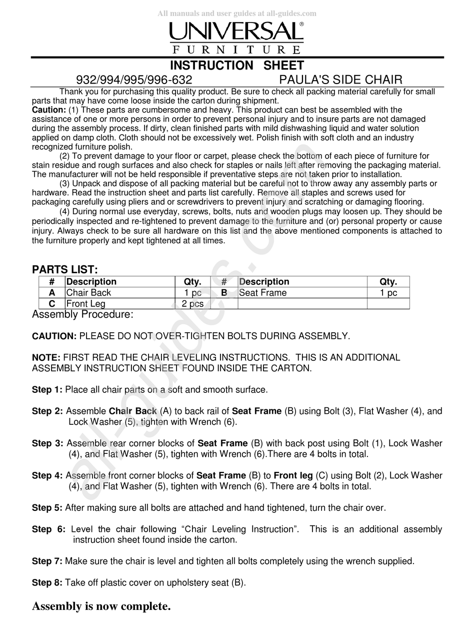 UNIVERSAL FURNITURE EXPLORE HOME PAULA 932 INSTRUCTION SHEET Pdf
