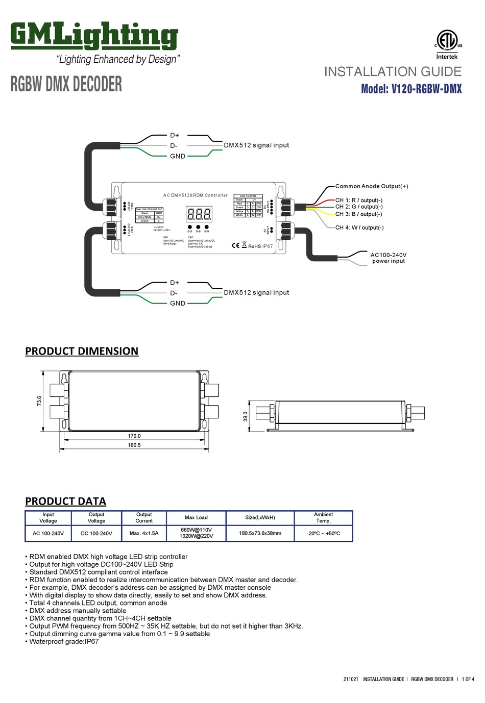 GM LIGHTING V120RGBWDMX INSTALLATION MANUAL Pdf Download ManualsLib