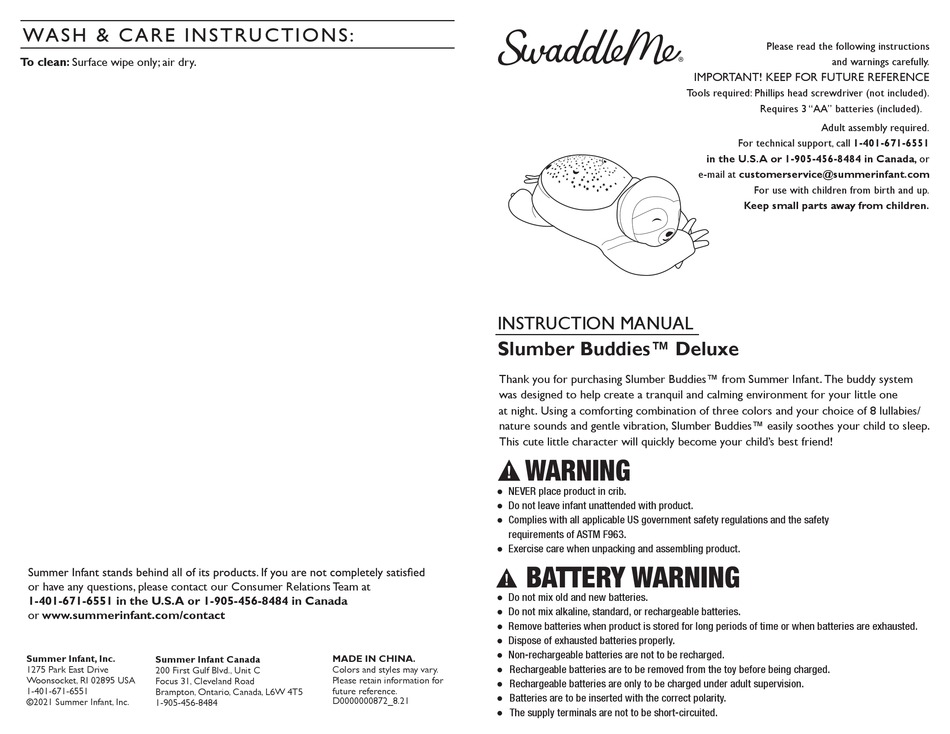 SUMMER SWADDLEME SLUMBER BUDDIES DELUXE INSTRUCTION MANUAL Pdf Download