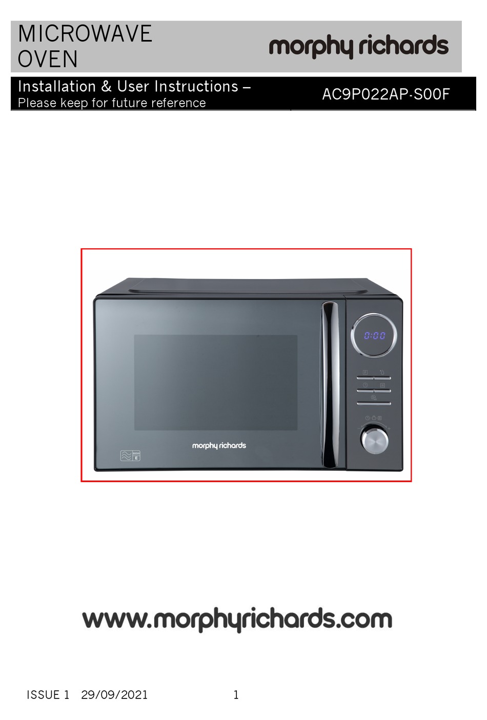 MORPHY RICHARDS AC9P022APS00F INSTALLATION & USER'S INSTRUCTIONS Pdf