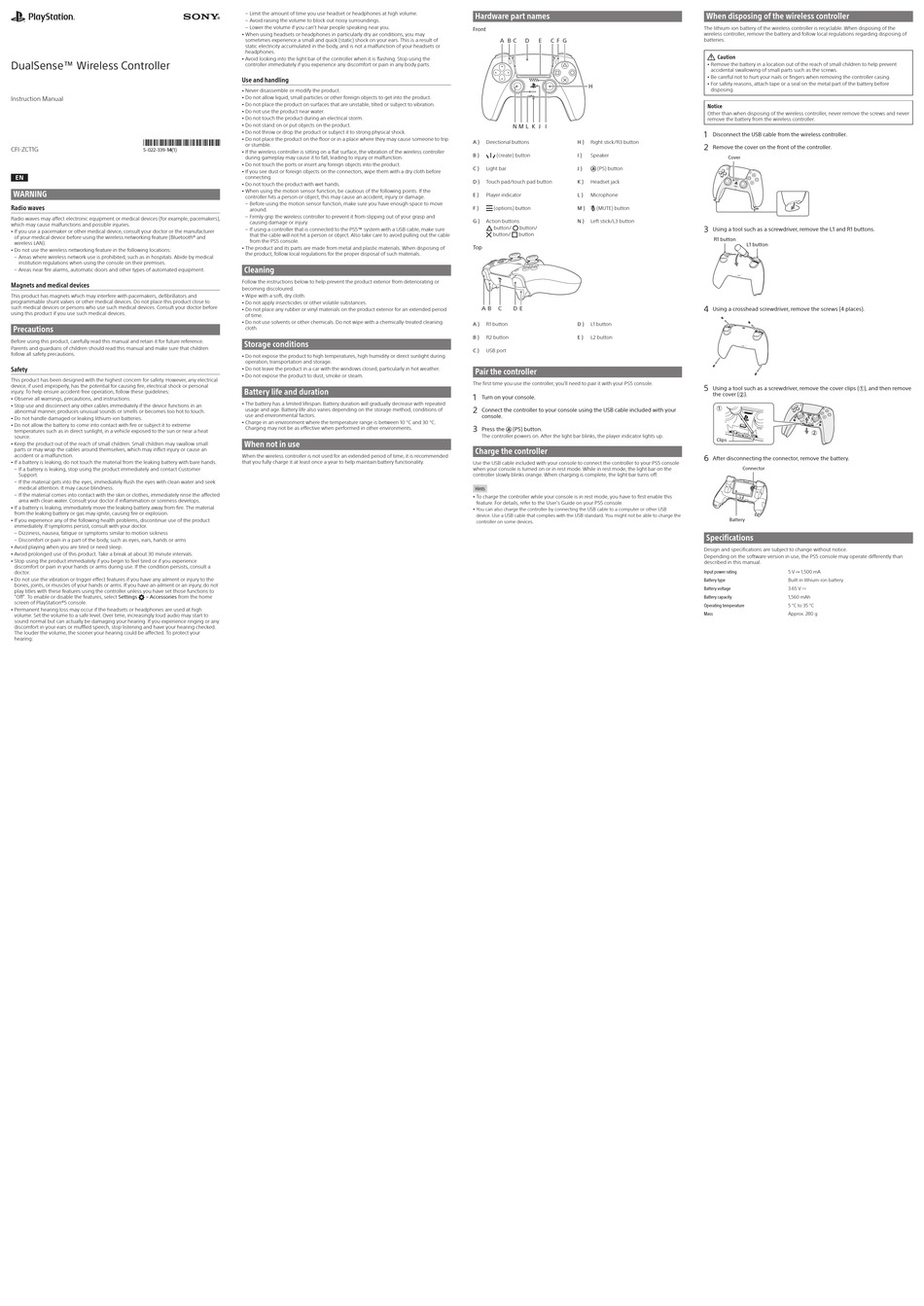 SONY PLAYSTATION DUALSENSE CFIZCT1G INSTRUCTION MANUAL Pdf Download