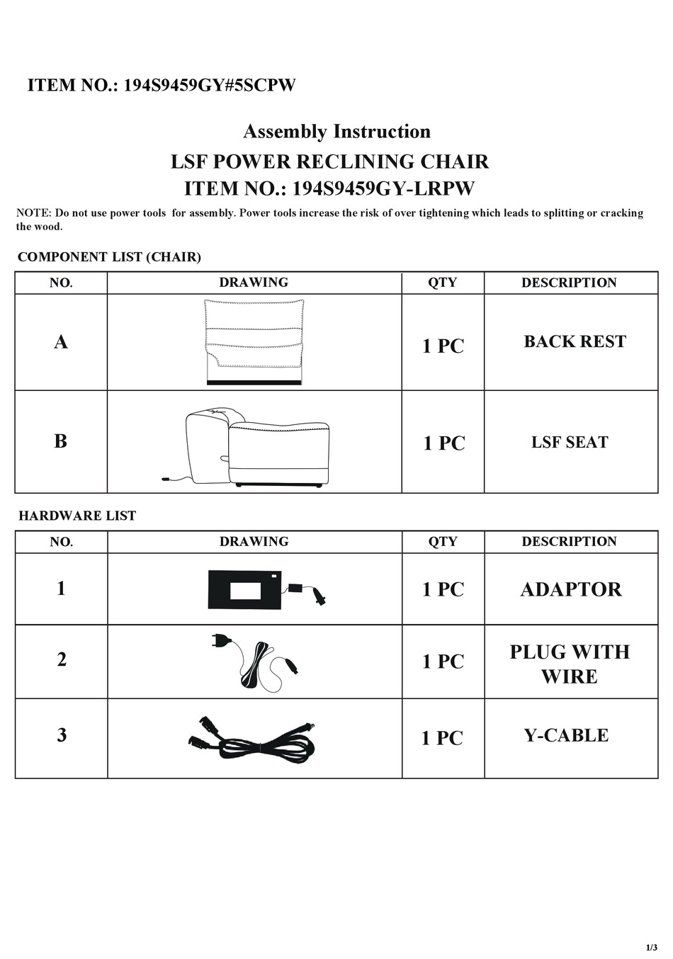 OVERSTOCK 194S9459GYLRPW ASSEMBLY INSTRUCTION MANUAL Pdf Download