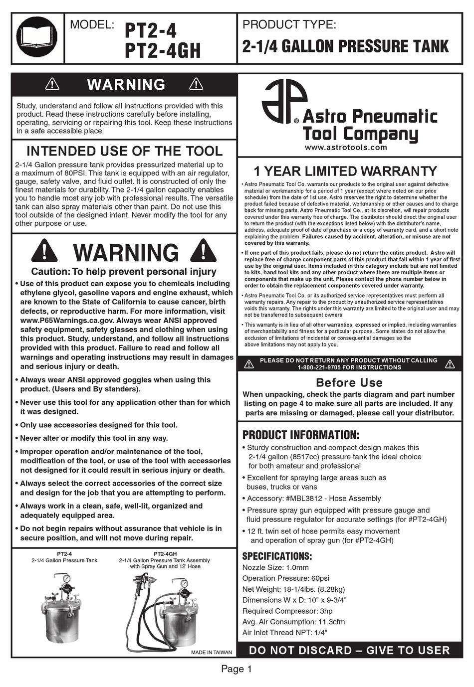 ASTRO PNEUMATIC TOOL PT24 QUICK START MANUAL Pdf Download ManualsLib