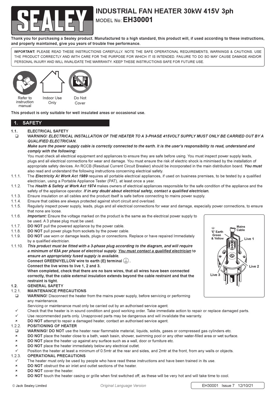 SEALEY EH30001 MANUAL Pdf Download ManualsLib