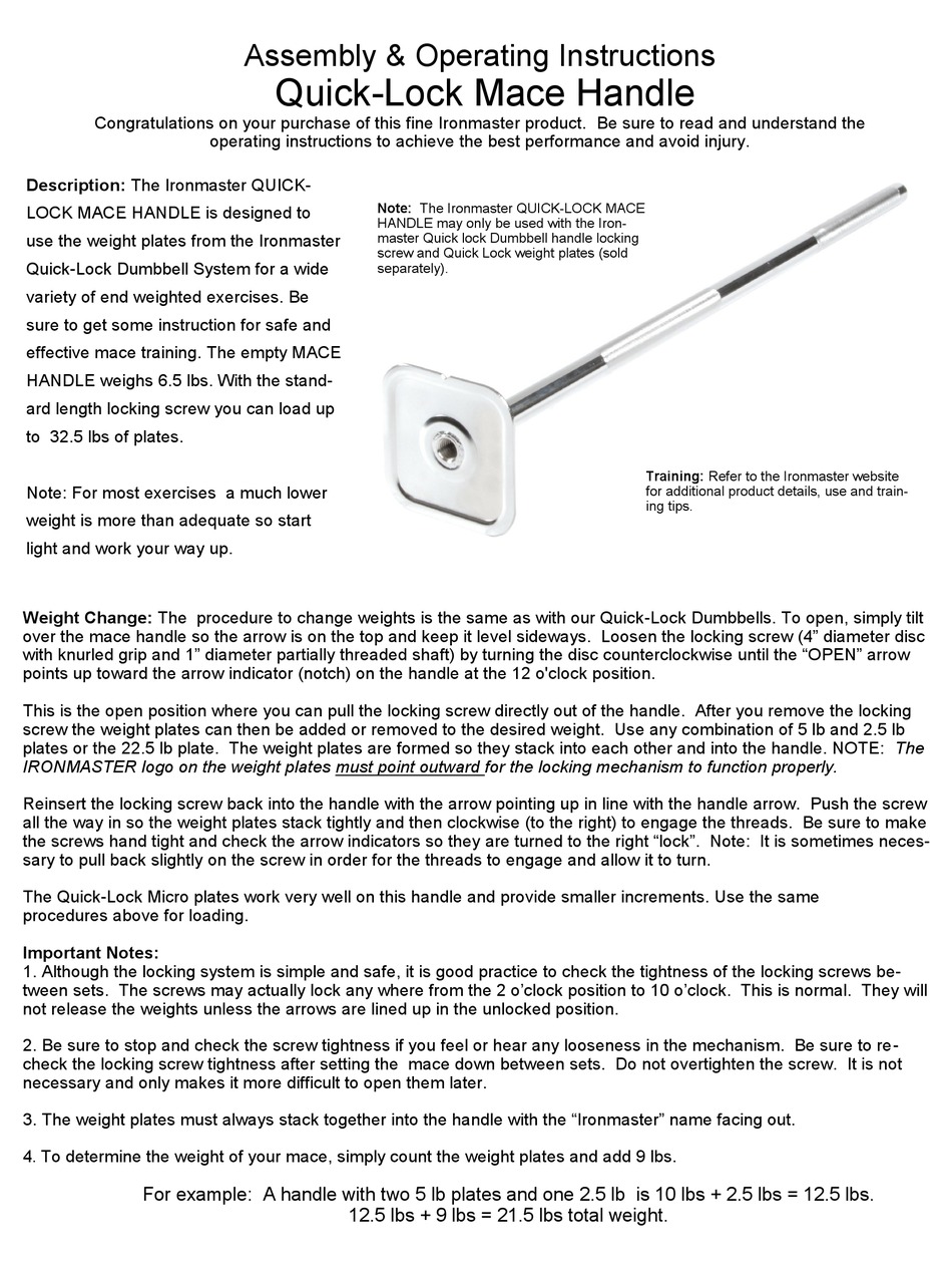 IRONMASTER MACE HANDLE ASSEMBLY & OPERATING INSTRUCTIONS Pdf Download