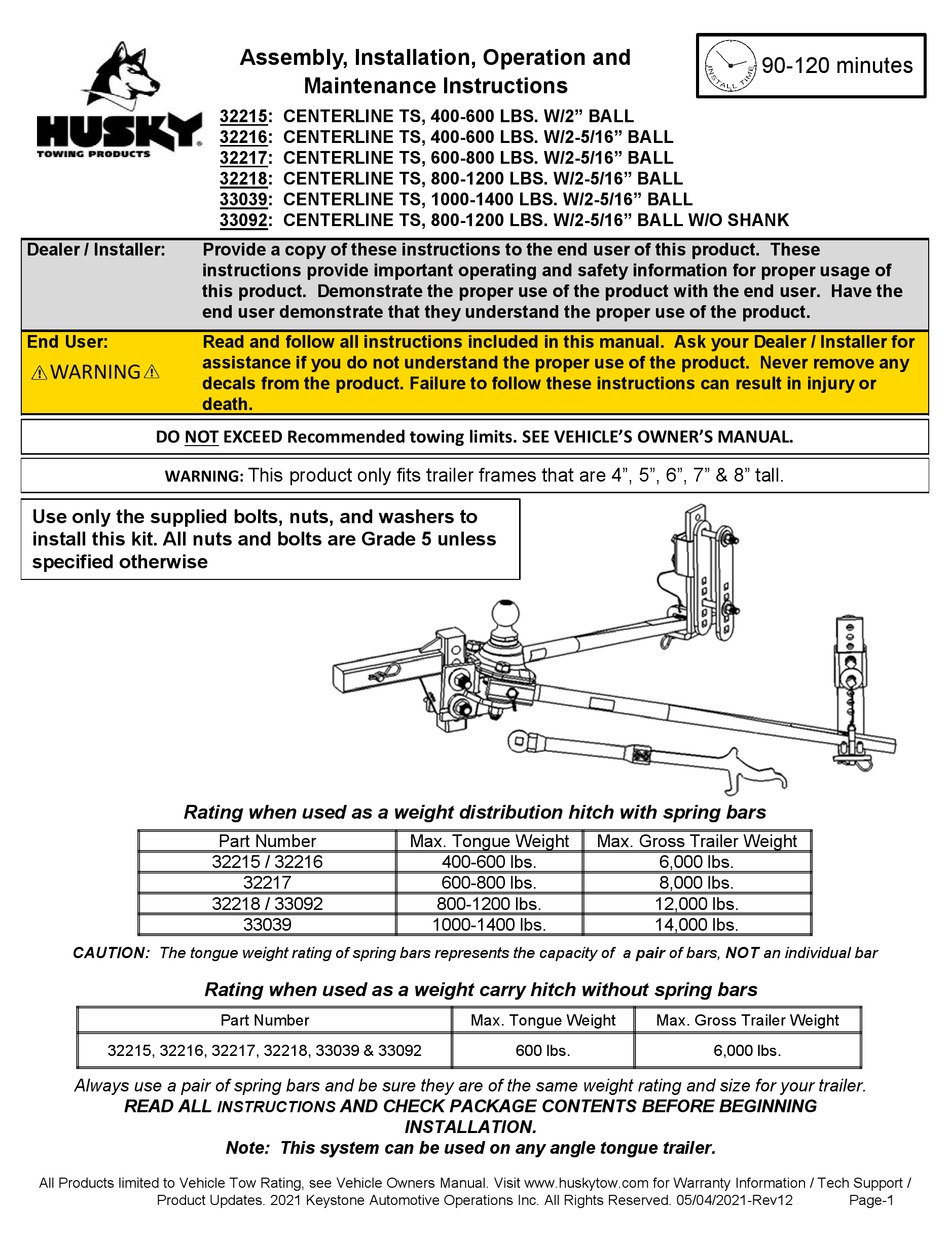 HUSKY 32215 ASSEMBLY, INSTALLATION, OPERATION AND MAINTENANCE