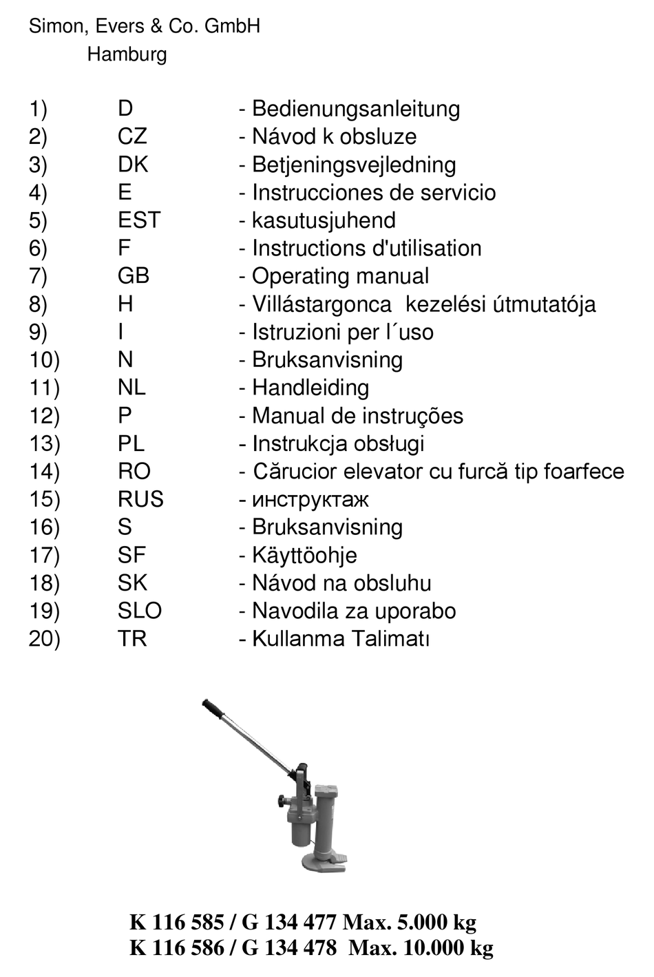 SIMON, EVERS & CO K 116 585 OPERATING MANUAL Pdf Download | ManualsLib