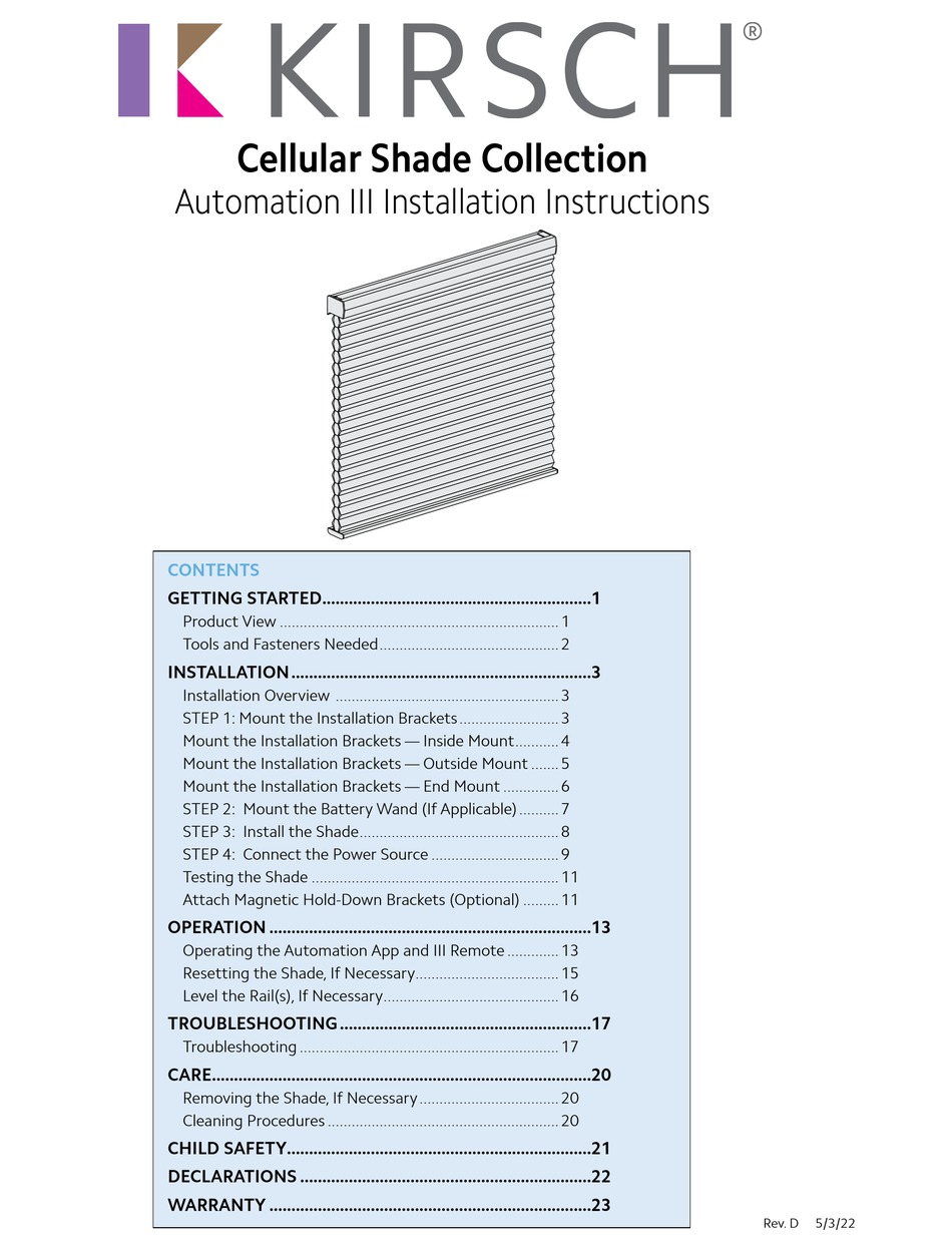KIRSCH CELLULAR SHADE SERIES INSTALLATION INSTRUCTIONS MANUAL Pdf