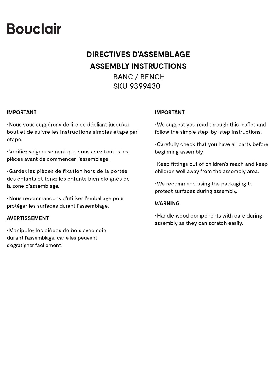 BOUCLAIR 9399430 ASSEMBLY INSTRUCTIONS Pdf Download ManualsLib