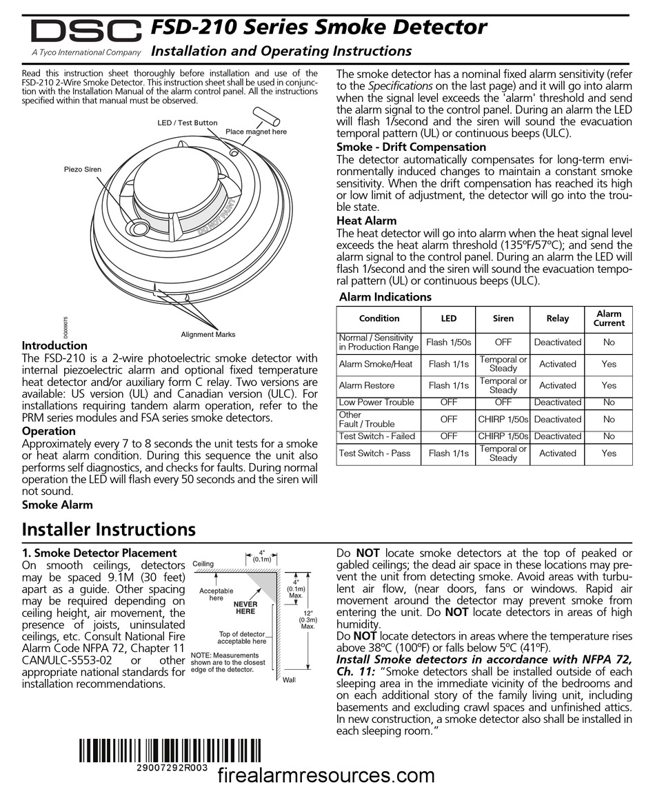 TYCO DSC FSD 210 SERIES INSTALLATION AND OPERATING INSTRUCTIONS Pdf