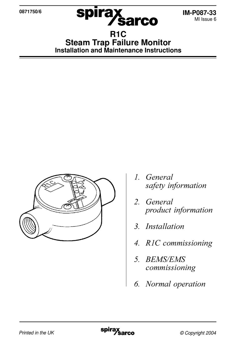 SPIRAX SARCO R1C INSTALLATION AND MAINTENANCE INSTRUCTIONS MANUAL Pdf
