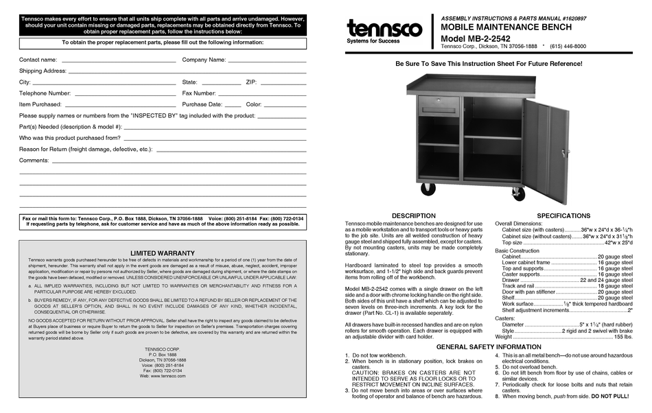 TENNSCO MB22542 ASSEMBLY INSTRUCTIONS/PARTS MANUAL Pdf Download