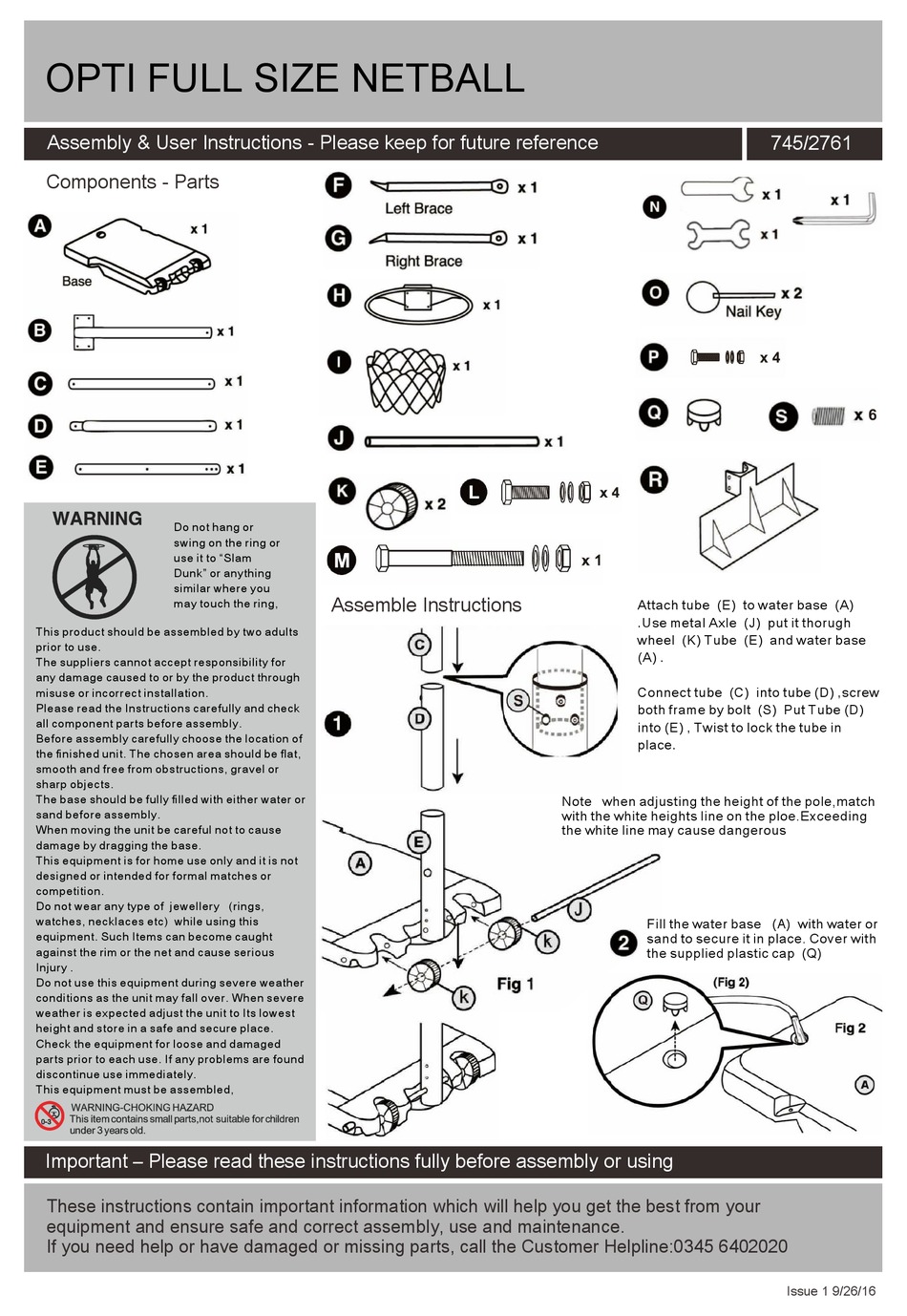 ARGOS OPTI FULL SIZE NETBALL ASSEMBLY & USER INSTRUCTIONS Pdf Download