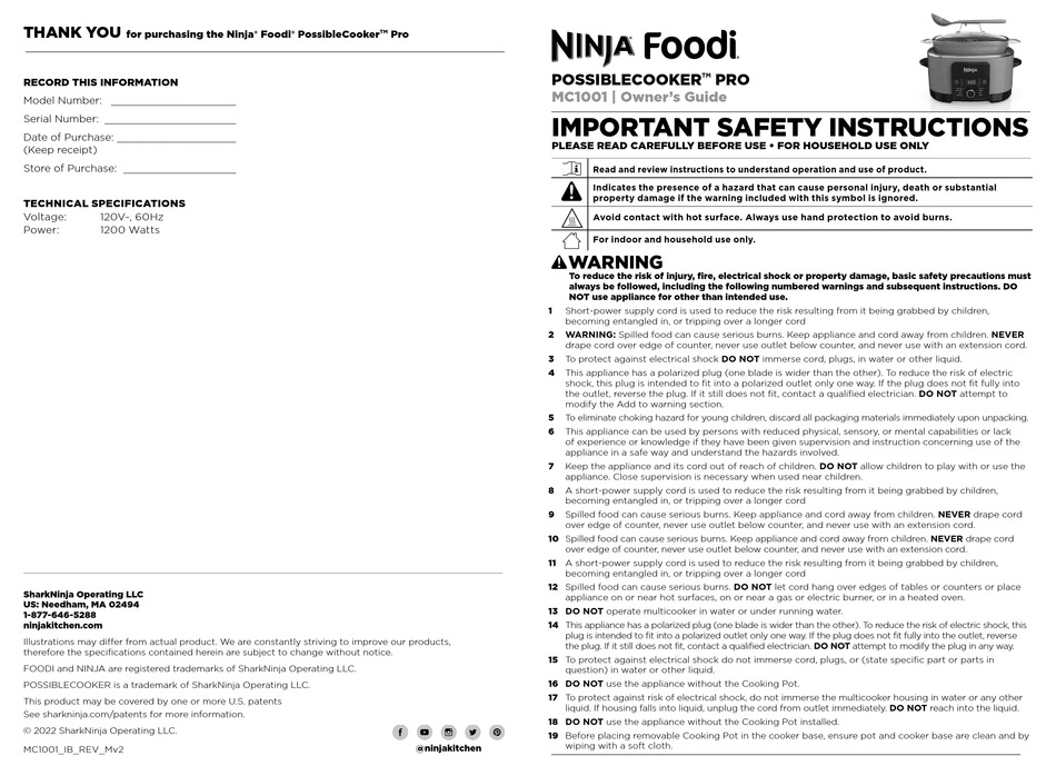 NINJA FOODI POSSIBLECOOKER PRO OWNER'S MANUAL Pdf Download | ManualsLib