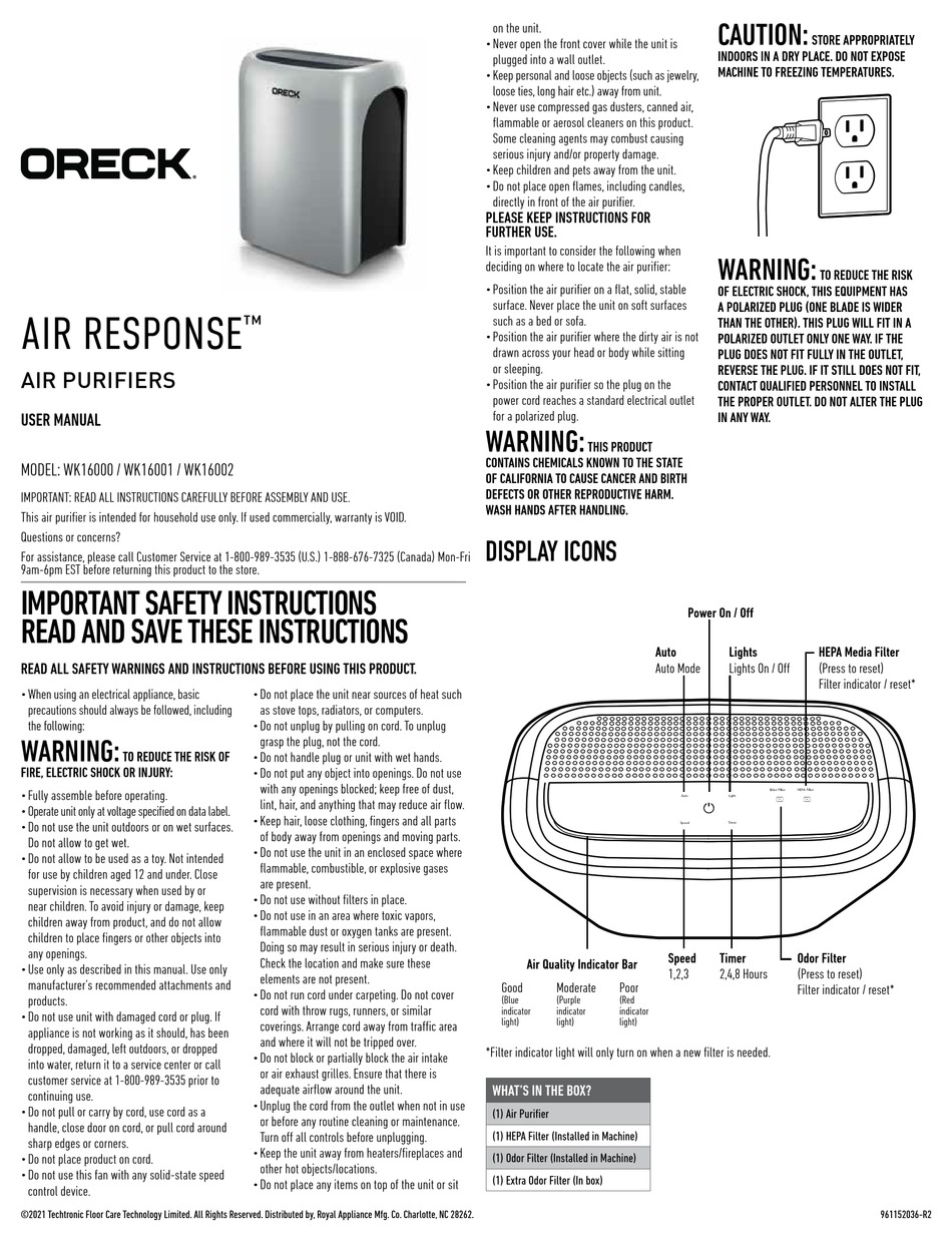 ORECK AIR RESPONSE WK16000 USER MANUAL Pdf Download ManualsLib