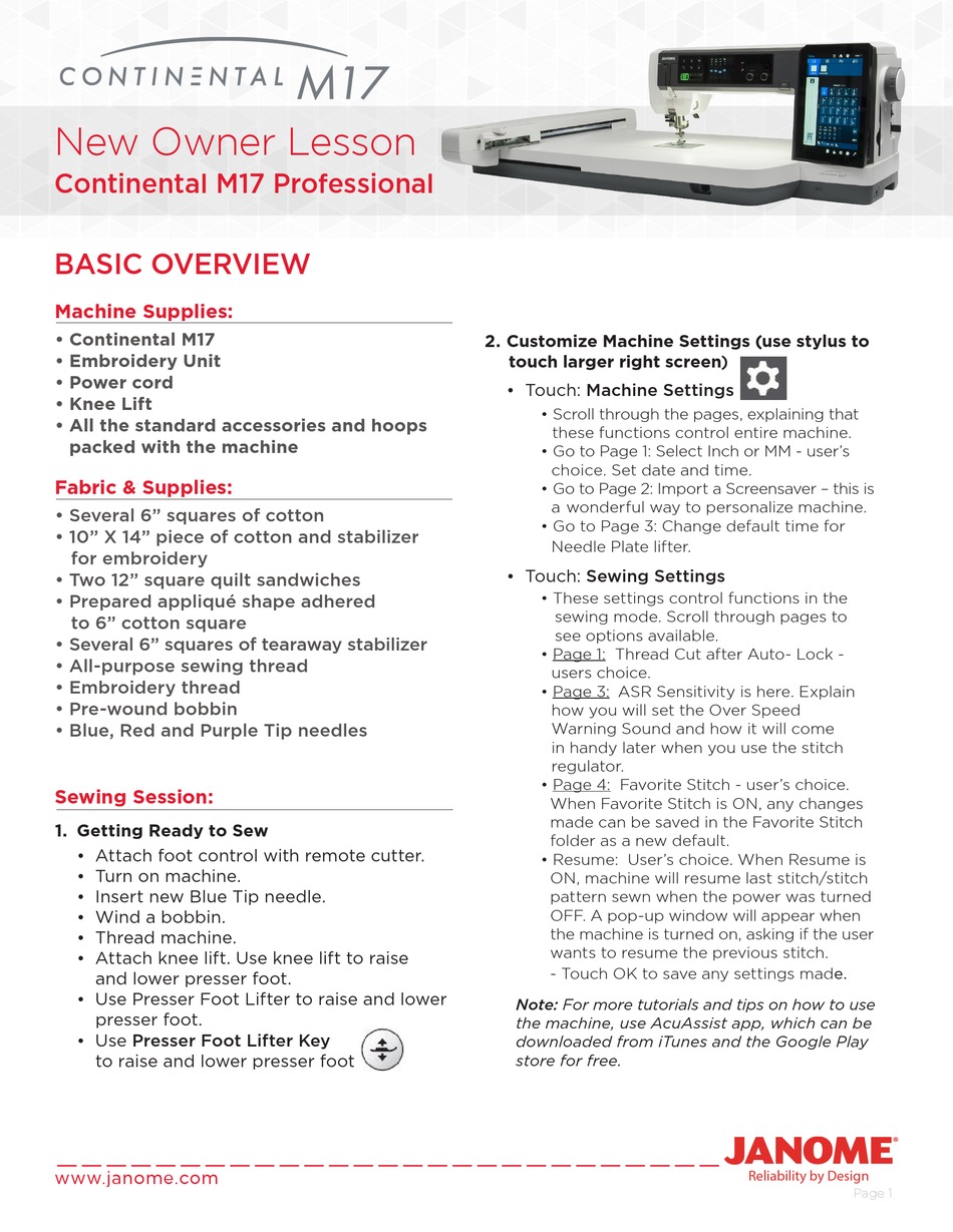 JANOME PROFESSIONAL CONTINENTAL M17 LESSON Pdf Download ManualsLib