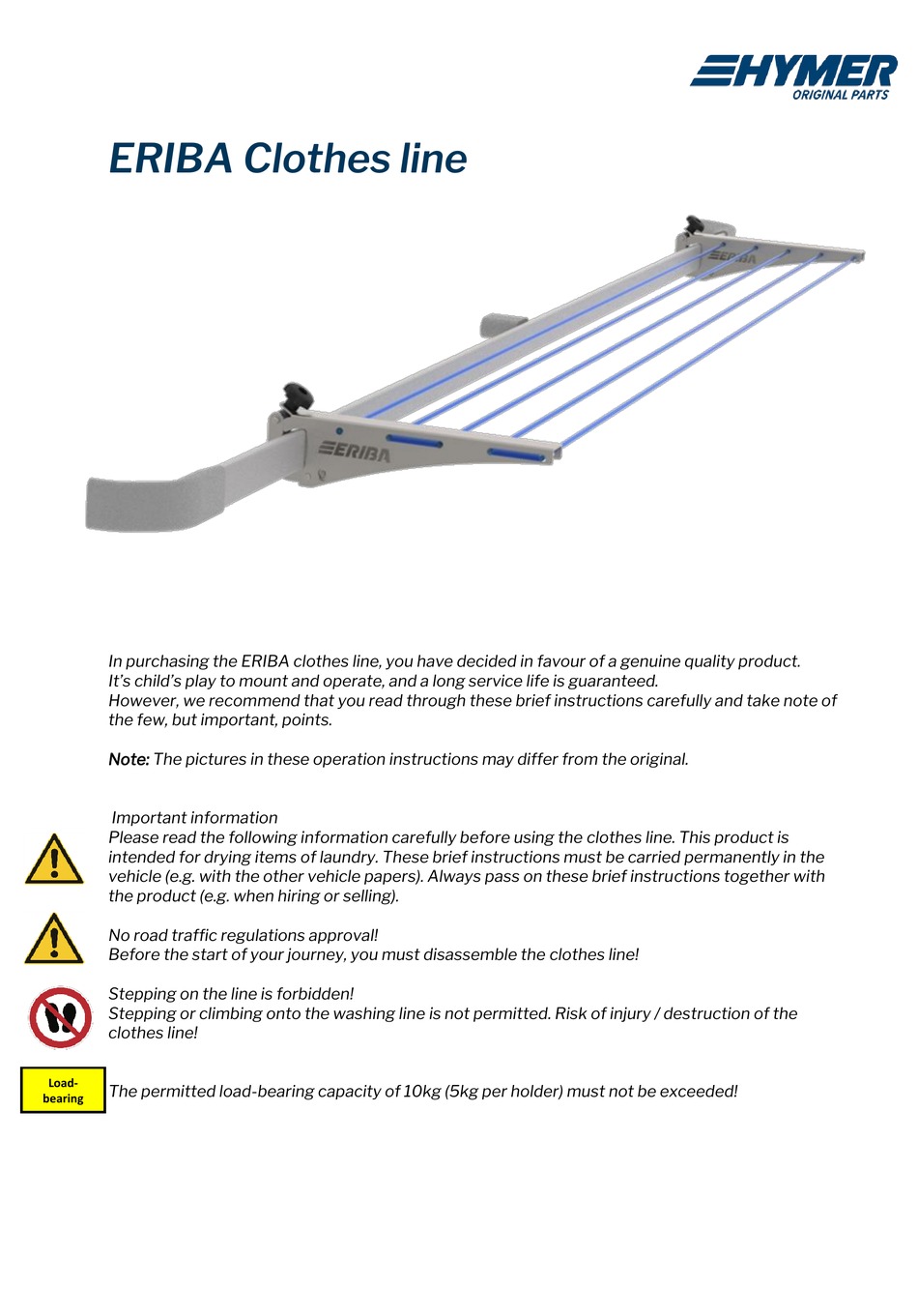 HYMER ERIBA CLOTHES LINE QUICK START MANUAL Pdf Download ManualsLib