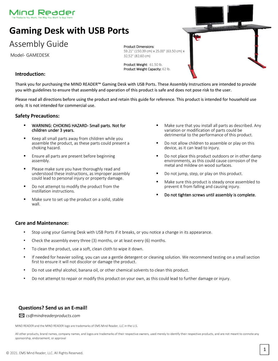 MIND READER GAMEDESK ASSEMBLY MANUAL Pdf Download ManualsLib