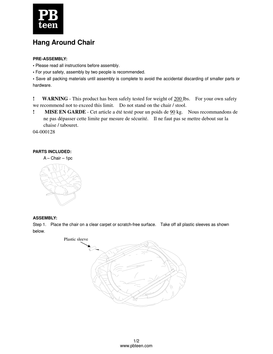 PB TEEN HANG AROUND CHAIR PREASSEMBLY INSTRUCTIONS Pdf Download