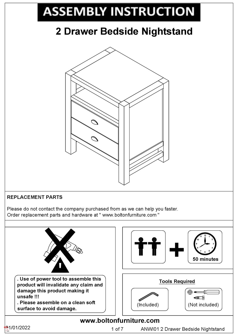 BOLTON FURNITURE 2 DRAWER BEDSIDE NIGHTSTAND ASSEMBLY INSTRUCTIONS