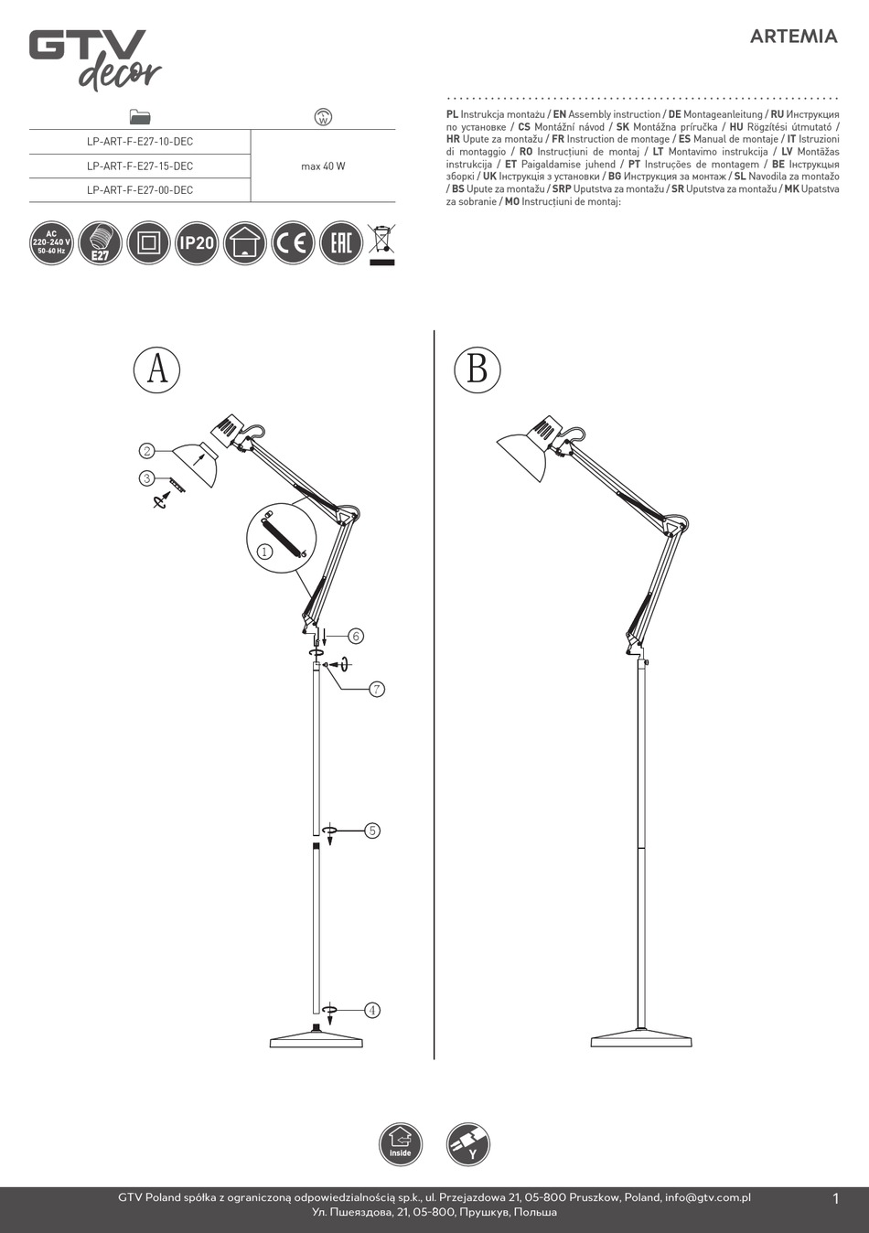 GTV ARTEMIA LPARTFE2710DEC ASSEMBLY INSTRUCTION MANUAL Pdf