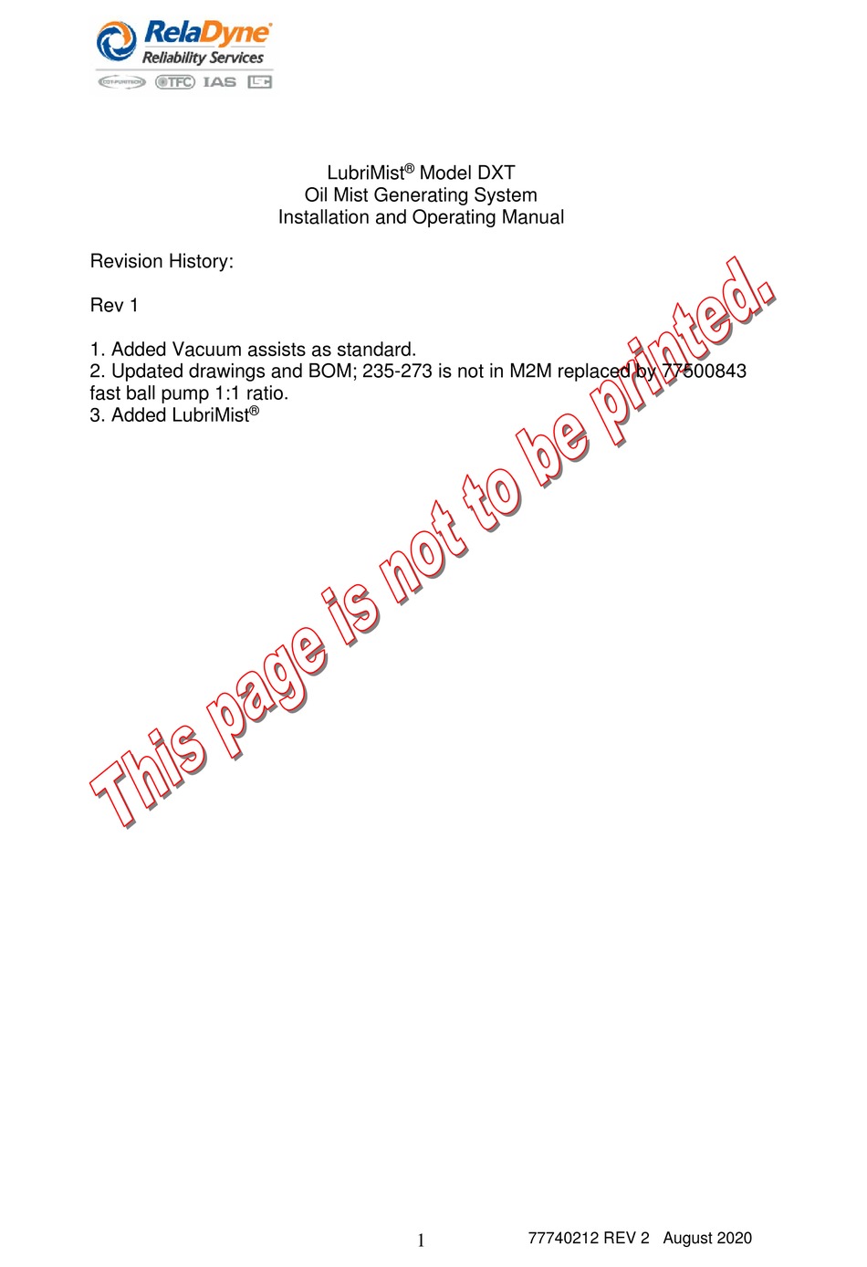 RELADYNE LUBRIMIST DXT INSTALLATION AND OPERATING MANUAL Pdf Download