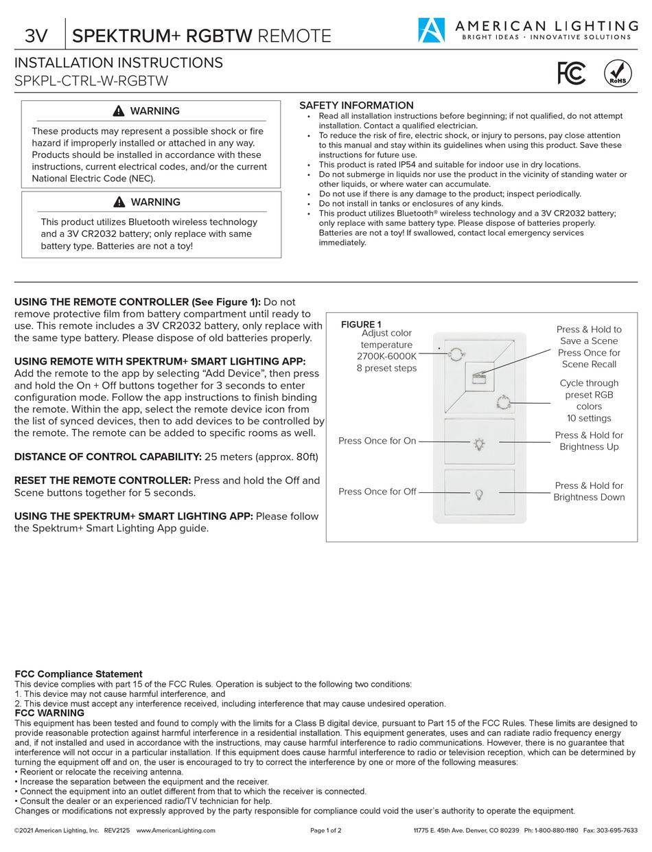 AMERICAN LIGHTING SPKPLCTRLWRGBTW INSTALLATION INSTRUCTIONS Pdf