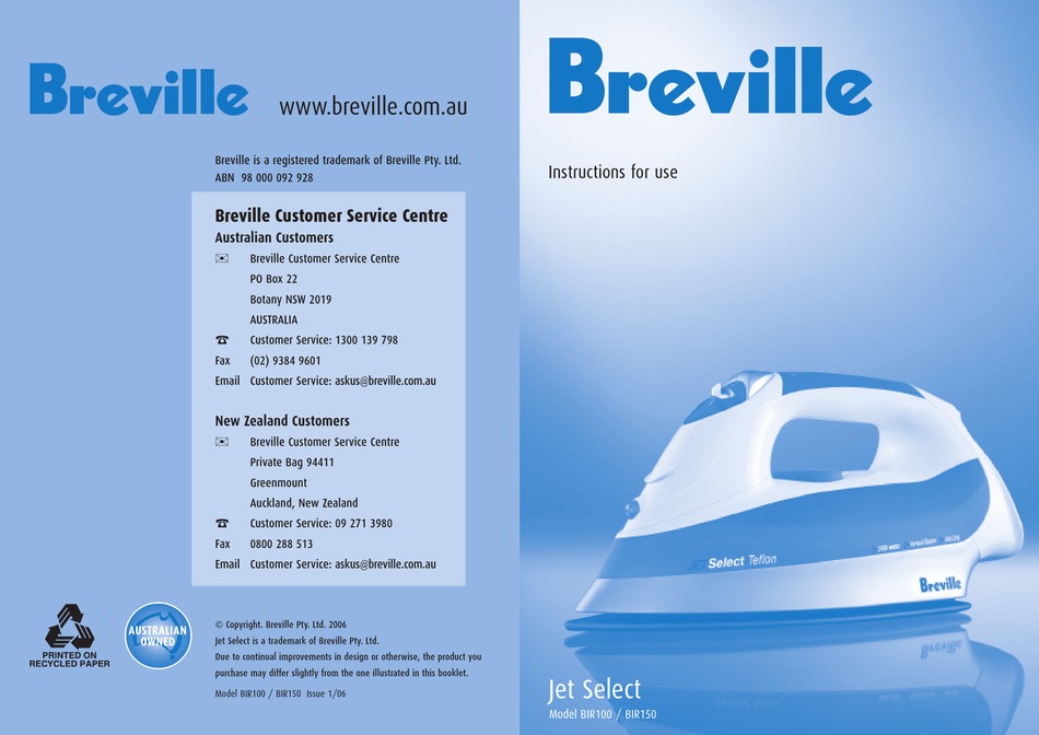 BREVILLE JET SELECT BIR100 INSTRUCTIONS FOR USE MANUAL Pdf Download