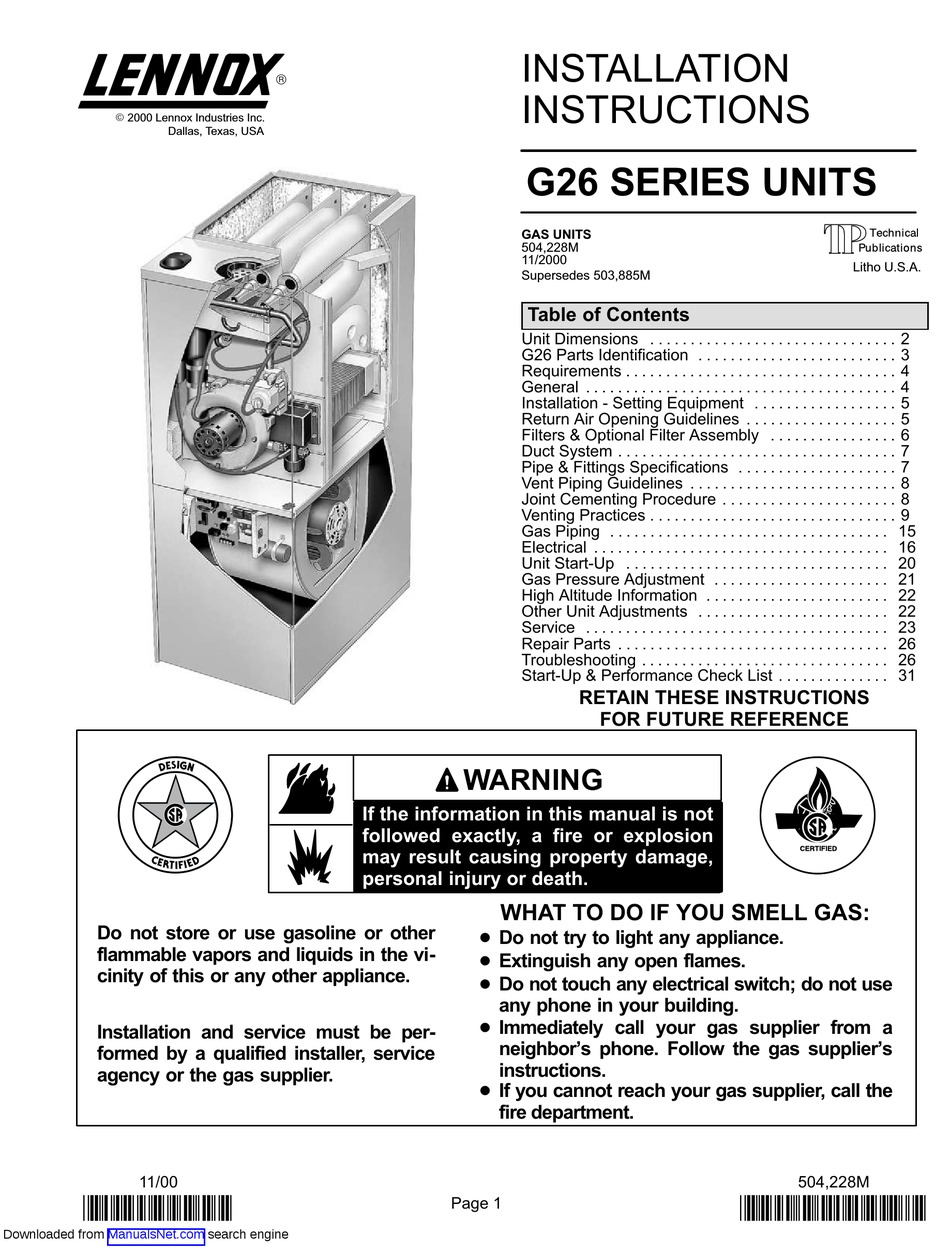 LENNOX G26 SERIES INSTALLATION INSTRUCTIONS MANUAL Pdf Download