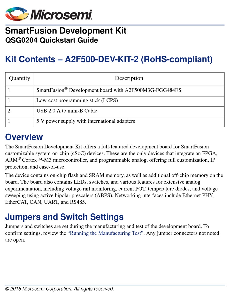 MICROSEMI SMARTFUSION A2F500-DEV-KIT-2 QUICK START MANUAL Pdf Download ...