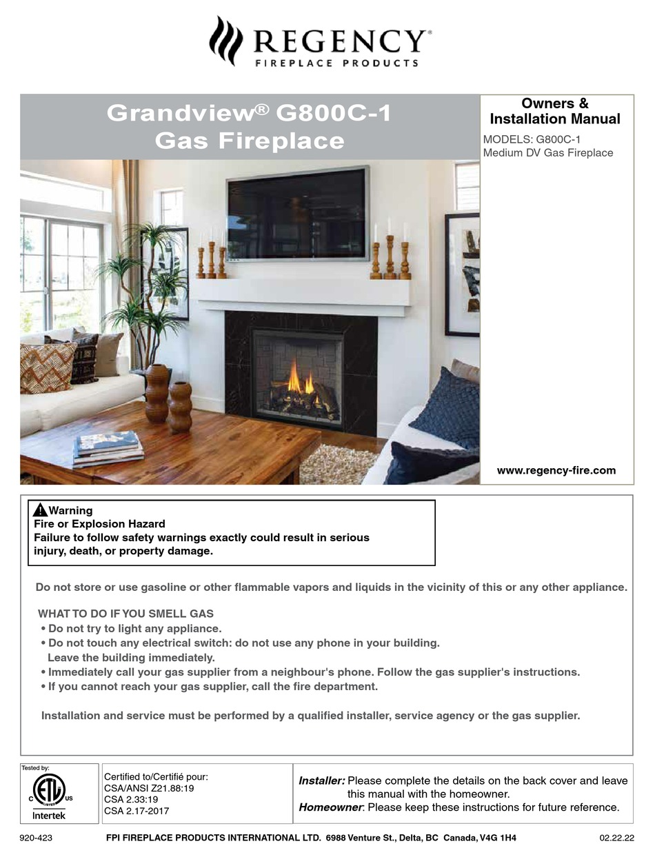 REGENCY FIREPLACE PRODUCTS GRANDVIEW G800C1 OWNERS & INSTALLATION