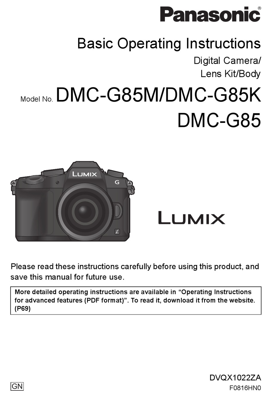 PANASONIC LUMIX DMC-G85K BASIC OPERATING INSTRUCTIONS MANUAL Pdf ...