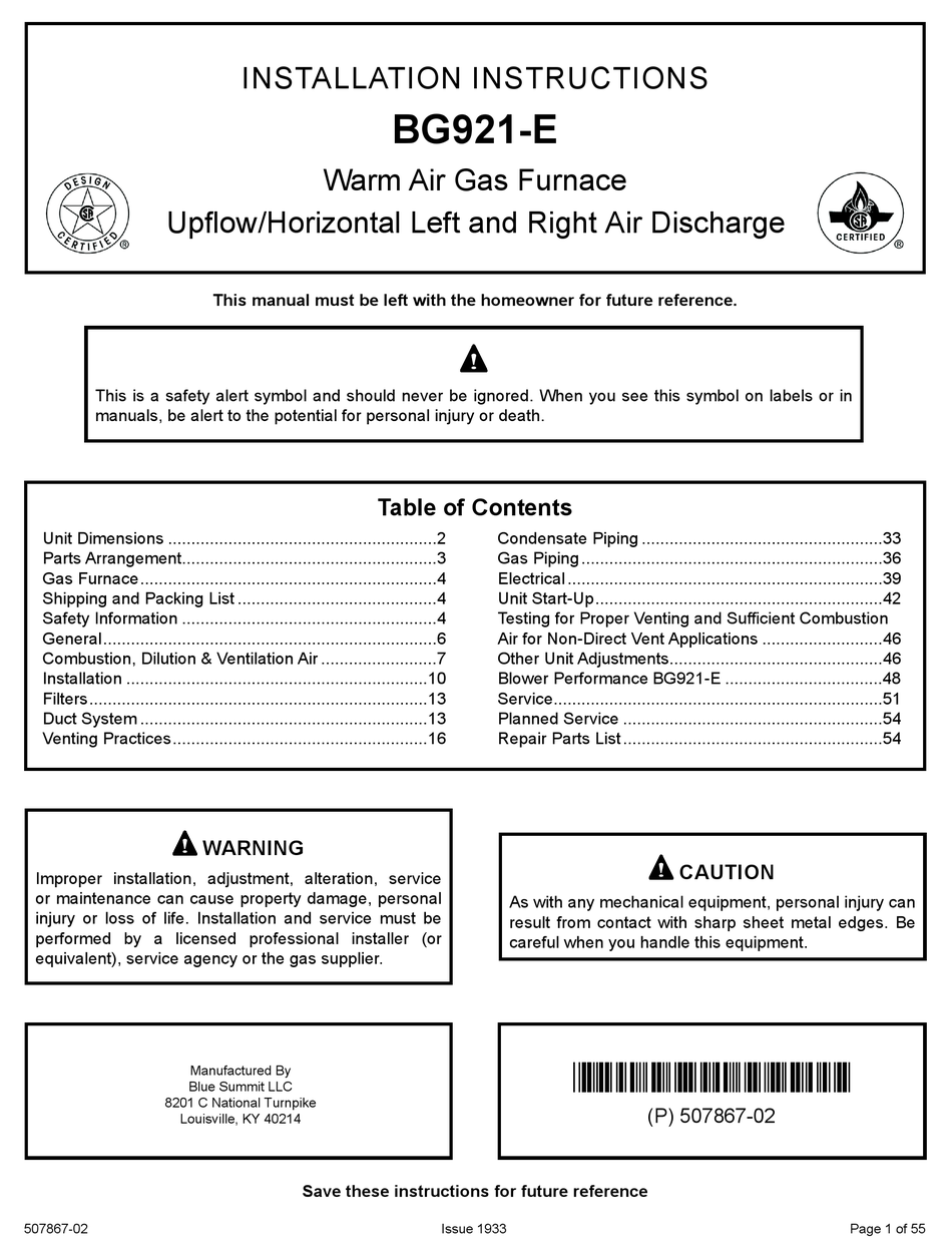 BLUERIDGE BG921E INSTALLATION INSTRUCTIONS MANUAL Pdf Download