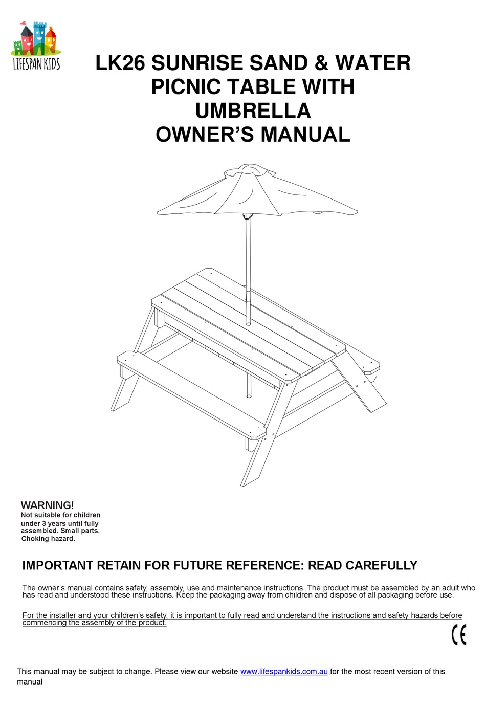 LIFESPAN KIDS SUNRISE SAND & WATER TABLE WITH UMBRELLA OWNER'S MANUAL