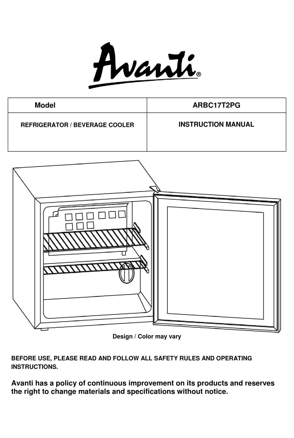 AVANTI ARBC17T2PG INSTRUCTION MANUAL Pdf Download ManualsLib