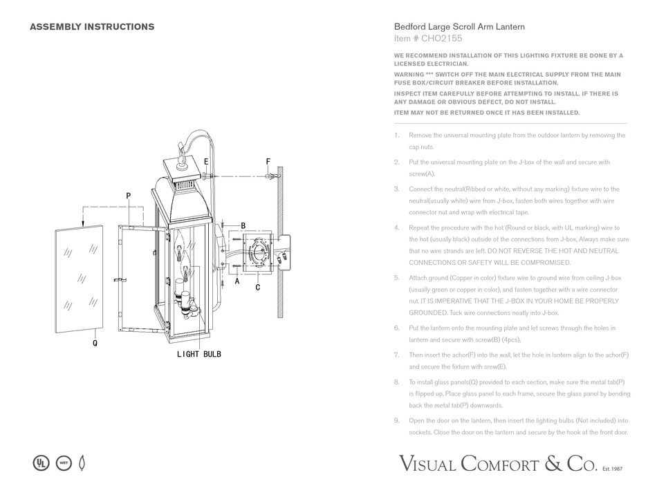 VISUAL COMFORT & CO. BEDFORD CHO2155 ASSEMBLY INSTRUCTIONS Pdf Download