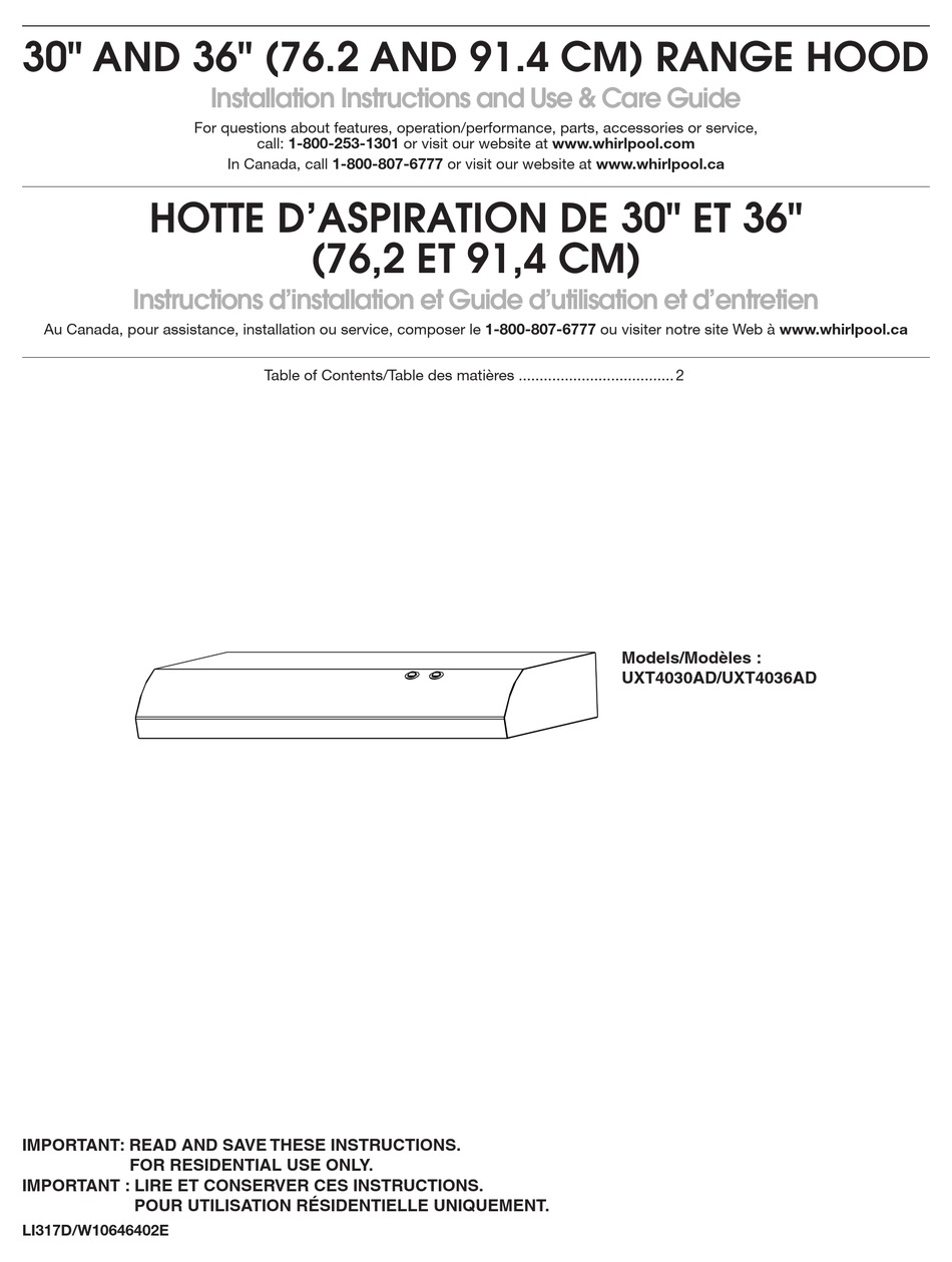 WHIRLPOOL UXT4030ADB INSTALLATION INSTRUCTIONS AND USE & CARE MANUAL