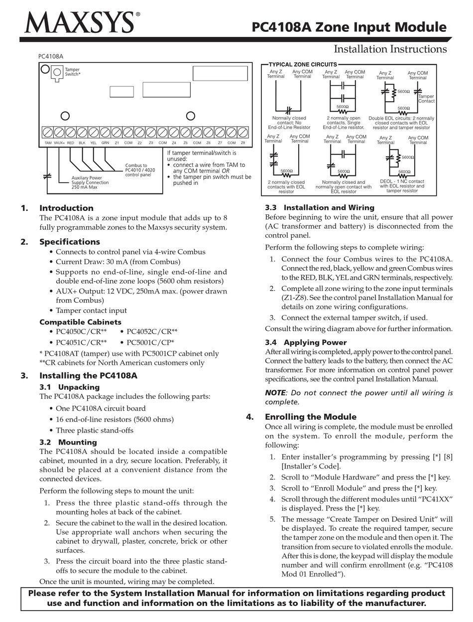 MAXSYS PC4108A INSTALLATION INSTRUCTIONS Pdf Download | ManualsLib