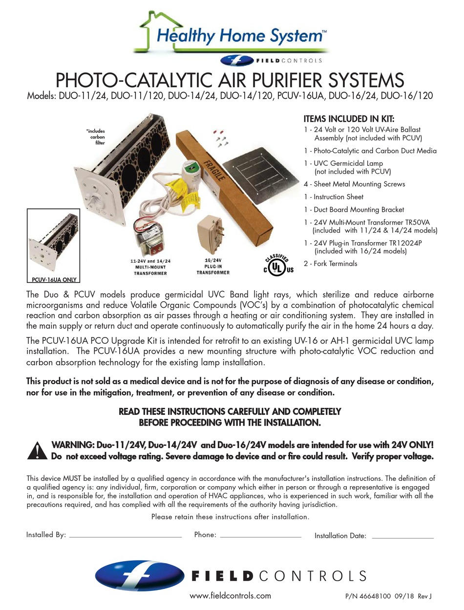 FIELD CONTROLS HEALTHY HOME SYSTEM DUO11/24 MANUAL Pdf Download