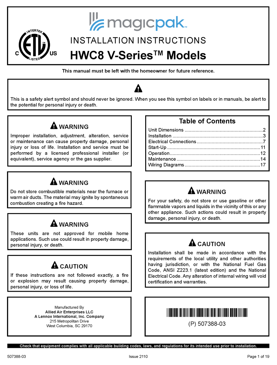 MAGICPAK HWC8 V SERIES INSTALLATION INSTRUCTIONS MANUAL Pdf Download