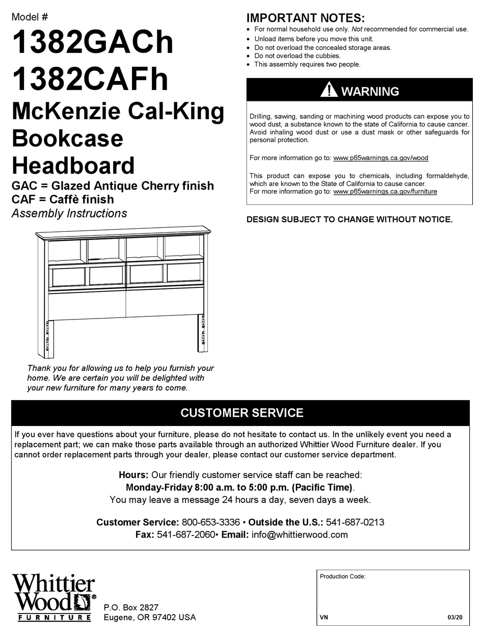 WHITTIER WOOD FURNITURE MCKENZIE 1382GACH ASSEMBLY INSTRUCTIONS MANUAL