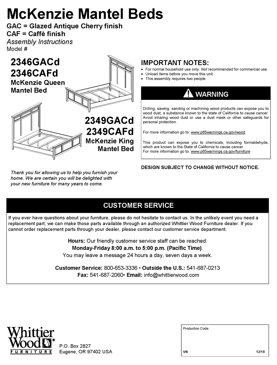 WHITTIER WOOD FURNITURE MCKENZIE 2346GACD ASSEMBLY INSTRUCTIONS MANUAL