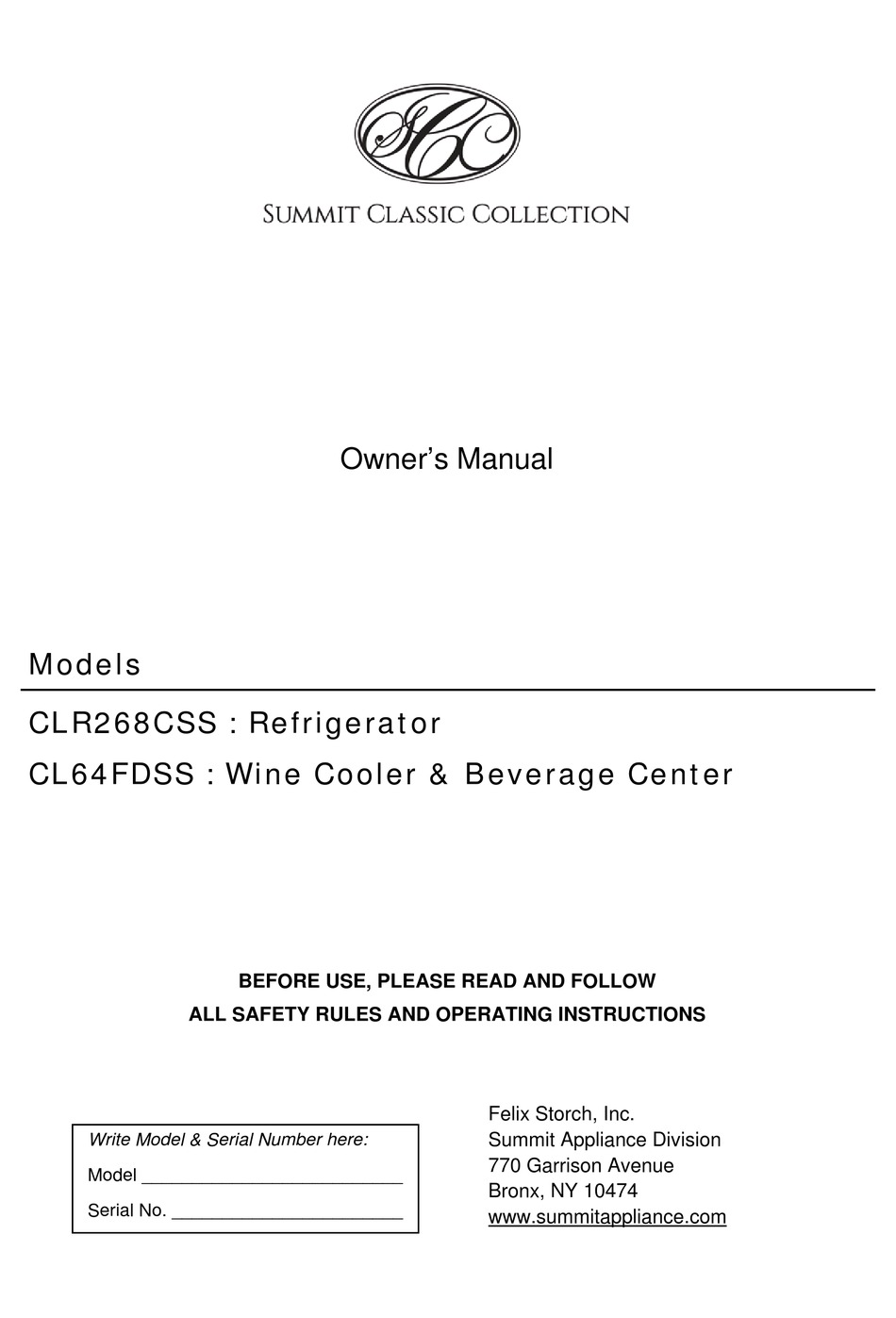 SUMMIT CLASSIC COLLECTION CLR268CSS OWNER'S MANUAL Pdf Download