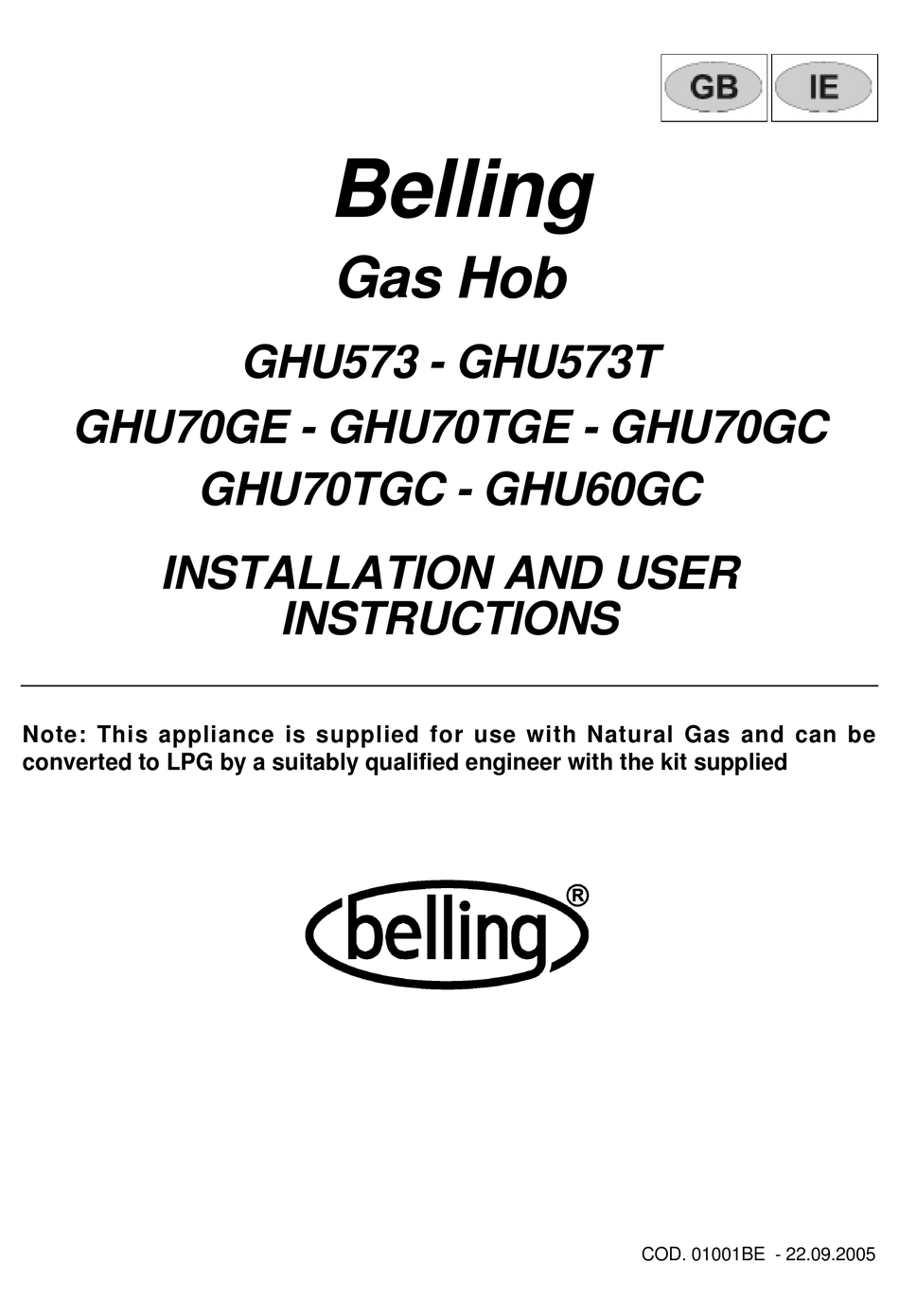 BELLING GHU573 INSTALLATION AND USER INSTRUCTIONS MANUAL Pdf Download