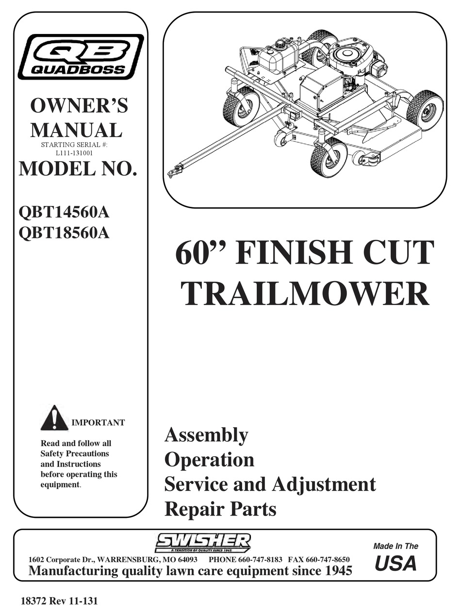 SWISHER QUADBOSS QBT14560A OWNER'S MANUAL Pdf Download ManualsLib