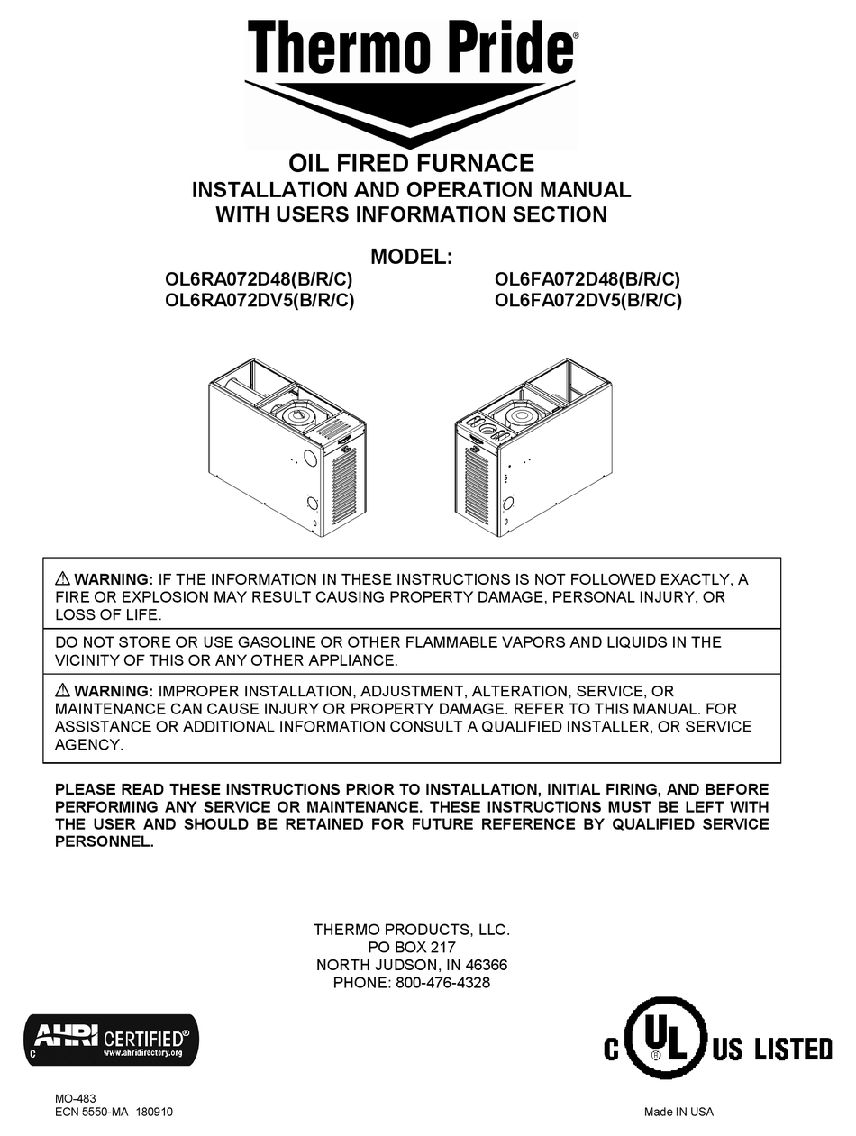 THERMO PRIDE OL6RA072D48 INSTALLATION AND OPERATION MANUAL Pdf Download ...