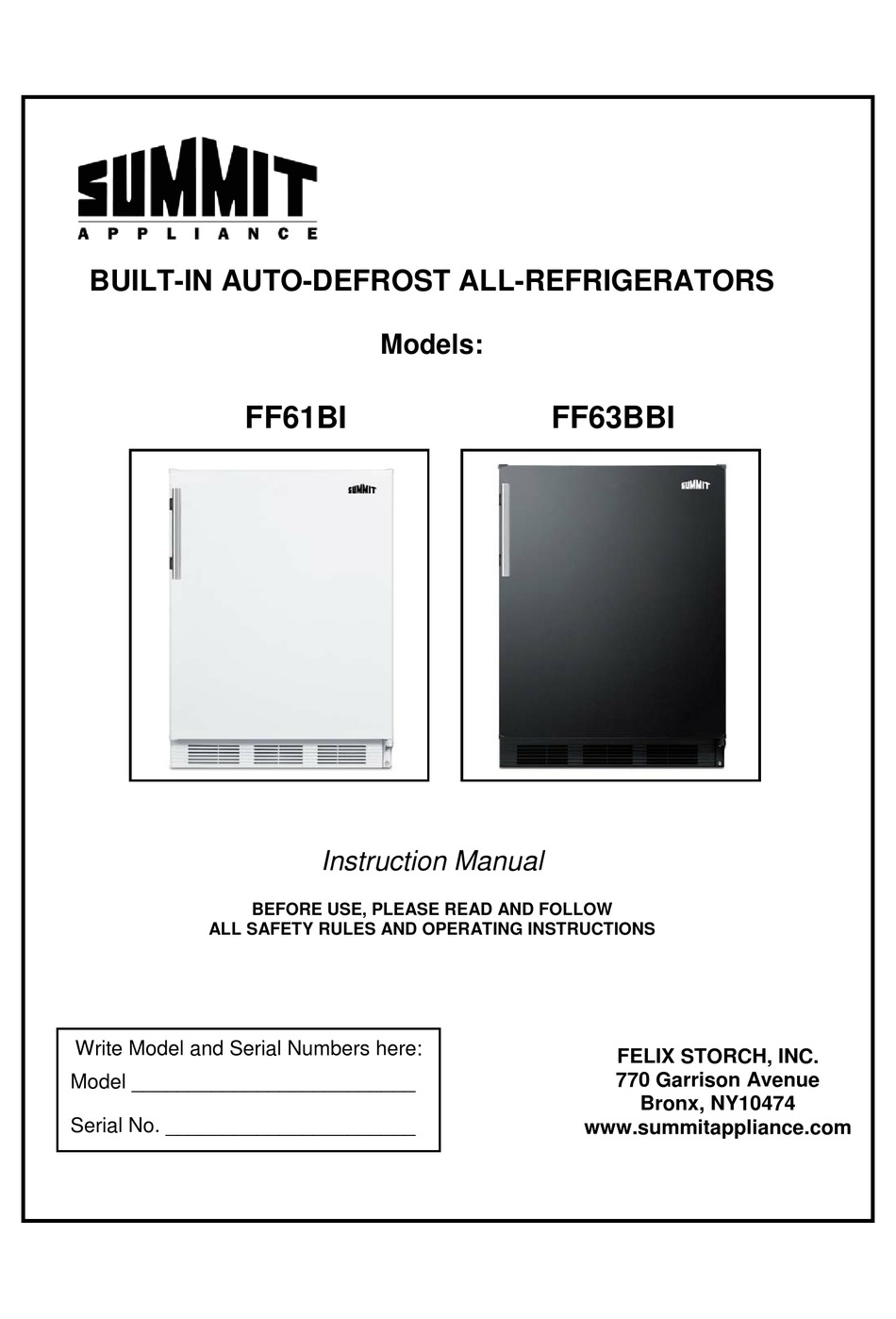 SUMMIT APPLIANCE FF61BI INSTRUCTION MANUAL Pdf Download ManualsLib