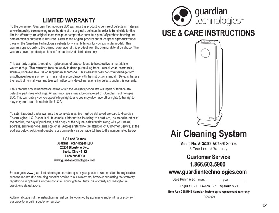 GUARDIAN AC5350 SERIES USE & CARE INSTRUCTIONS MANUAL Pdf Download
